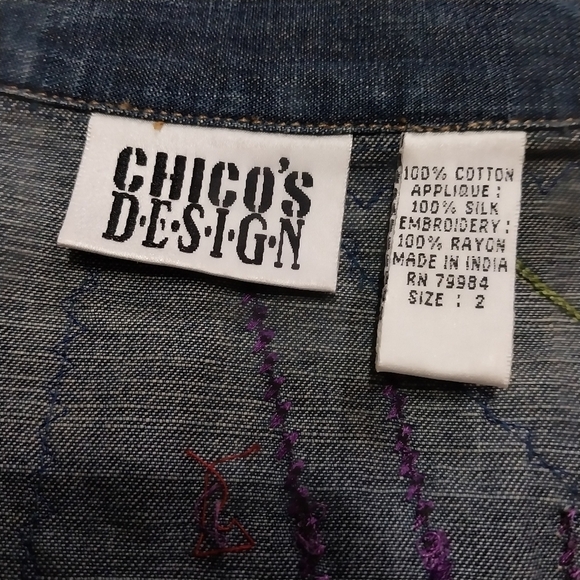 Chico's Design Cotton/Silk Beaded Embroidered Jean Jacket Sz 2 (L) - Picture 7 of 7